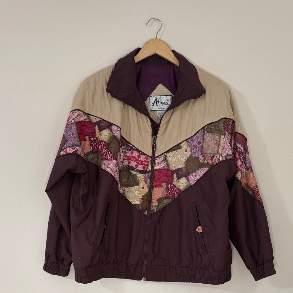 Vintage 90s Patchwork Ski Jacket Zip Up Padded Shoulders Apres Lodge Retro L